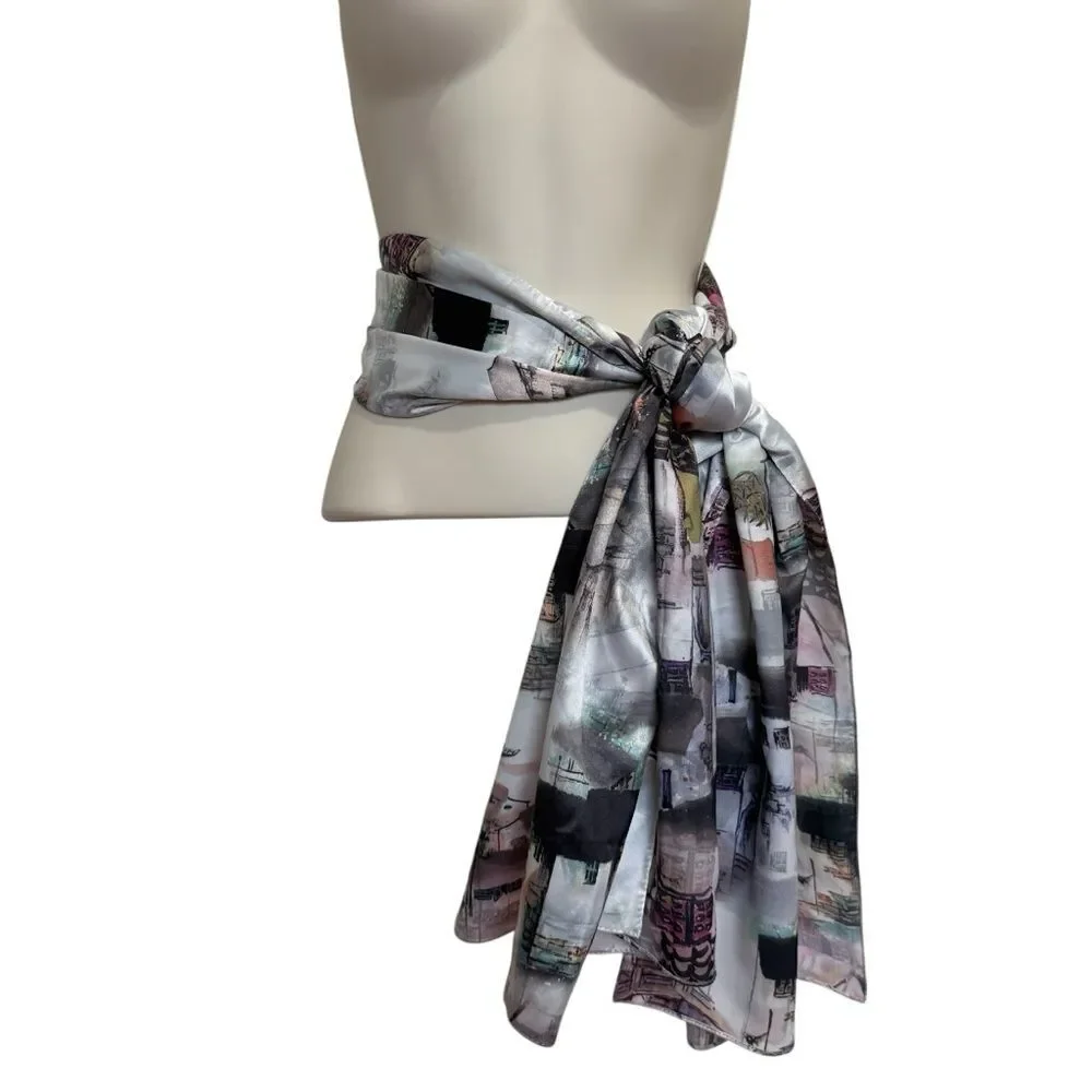 Vintage Long Silk Scarf Wrap Cityscape Buildings Scenery 66x28